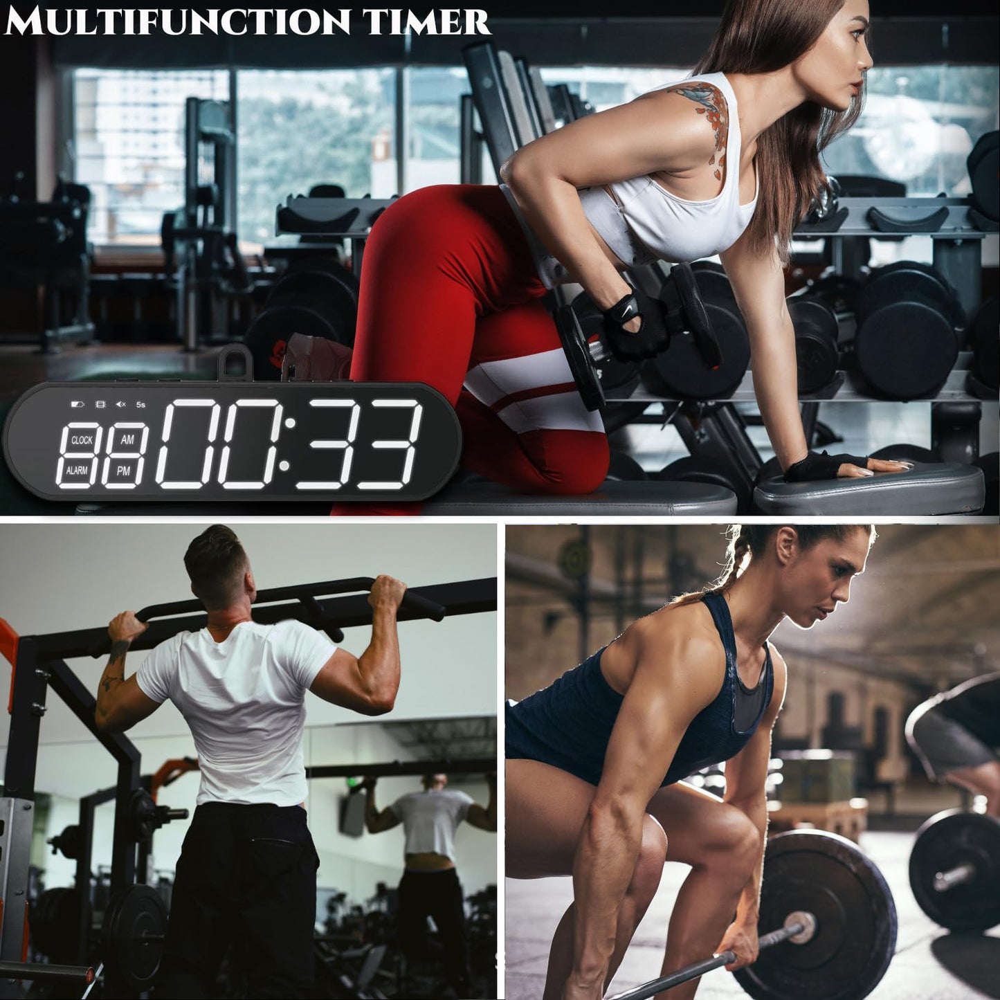 Portable Gym Timer, LED Display Interval Timer with Time Progress Bar/Rounds, Countdown/Up Stopwatch, Buzzer & Rechargeable Powered Battery Workout Timer for Home Gym Fitness