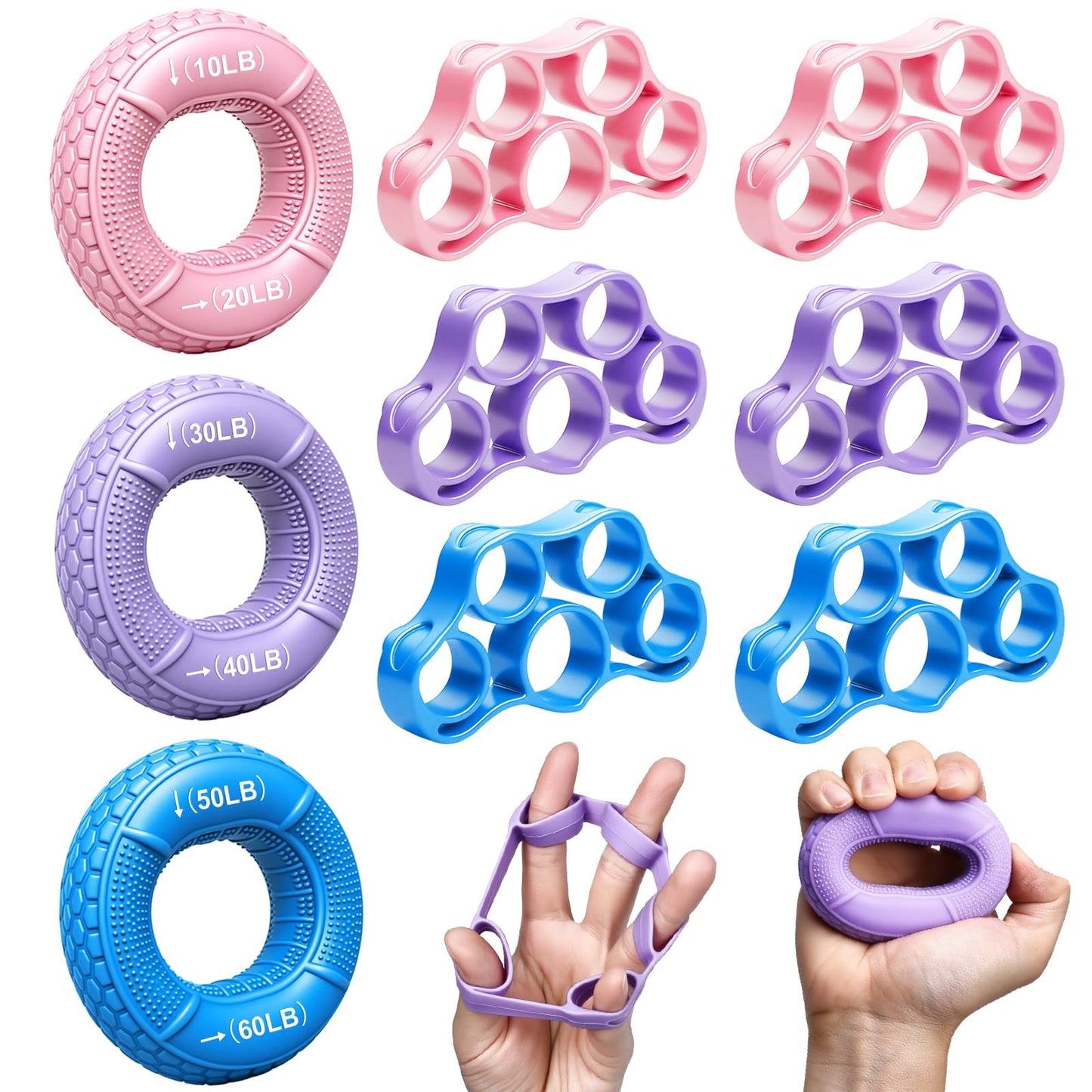TEAWOO 9-Pack Grip Strength Trainer Kit, 3 Colors Forearm Strengthener & Hand Grip Strengthener, Finger Exerciser & Stretcher for Strength Training, Recovery & Flexibility