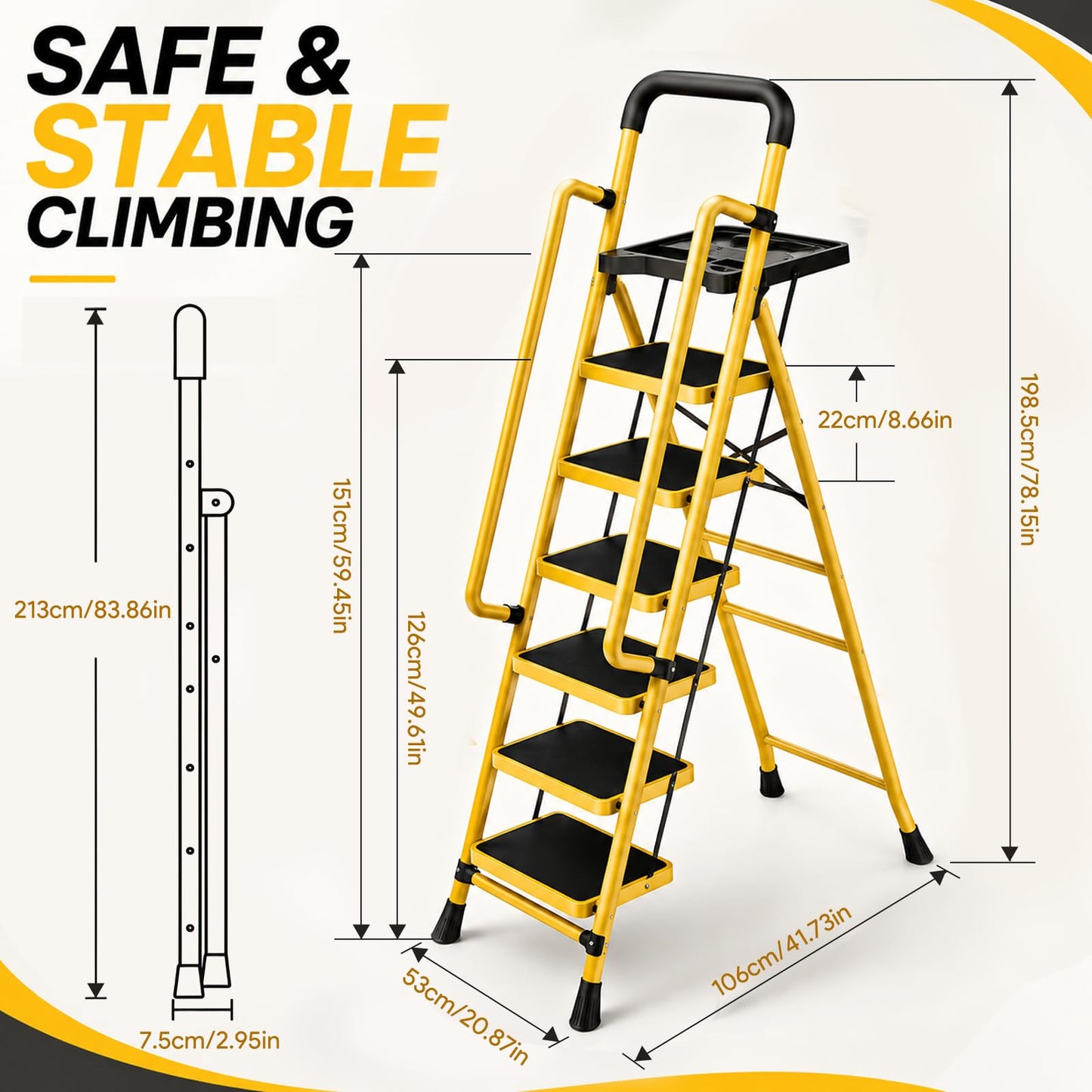 6 Step Ladder with Platform, 330 Lbs Load Heavy Steel Duty Step Ladders, Portable Safety Step Stool with Pedals, Handrail, for Multi-Purpose, Home, Kitchen