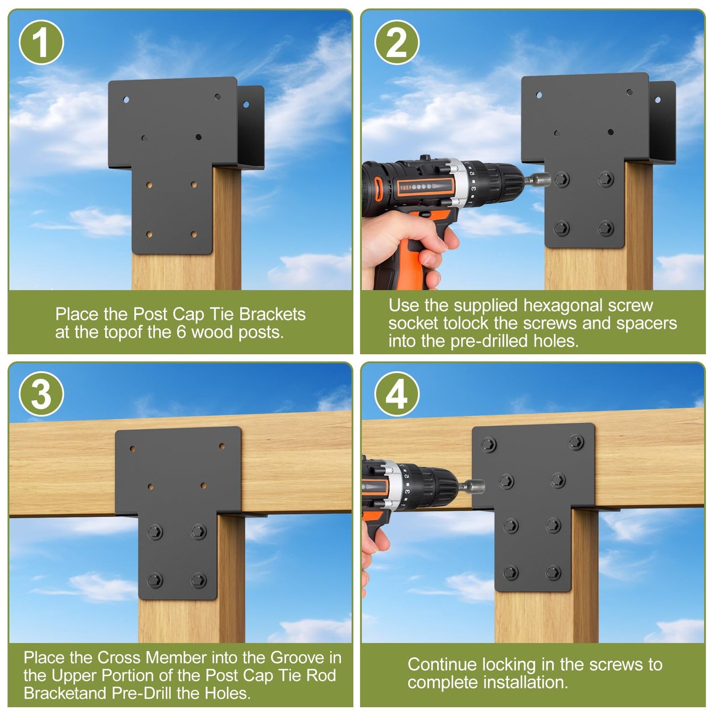 4x4 Post Caps Tie Brackets (Actual 3.5"x3.5") -2 Pack Heavy Duty Galvanized Steels Pergola Connector Brackets for Wood Posts, Gazebo & Deck Beams (Black)