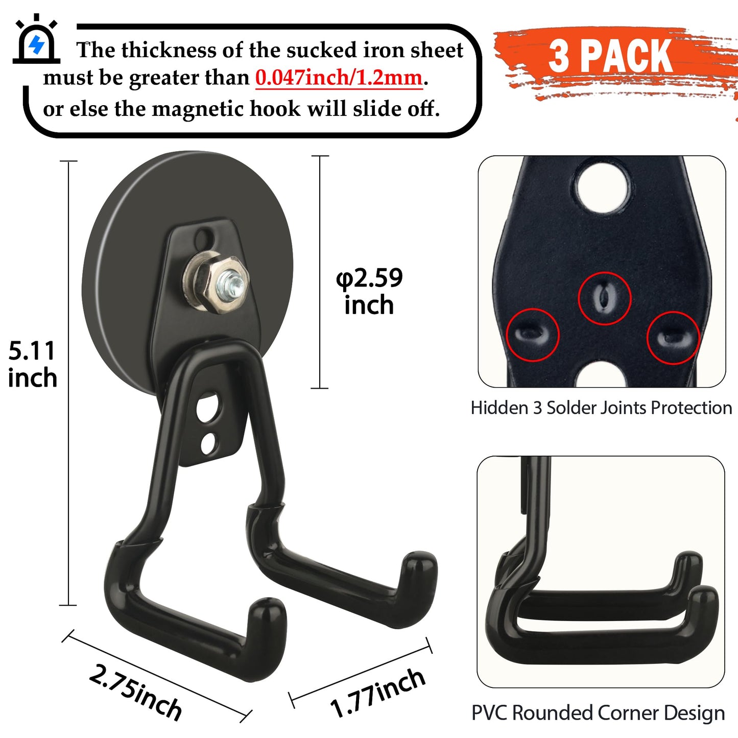 ULIBERMAGNET New Upgraded Large Magnetic Hooks,Strong Heavy Duty Magnet Hooks for Power Drill,Broom,Garden Tools, Pegboard, Garage, Workshop,Hardware, 3 Pack Magnet Storage Holder for Hanging(Black)
