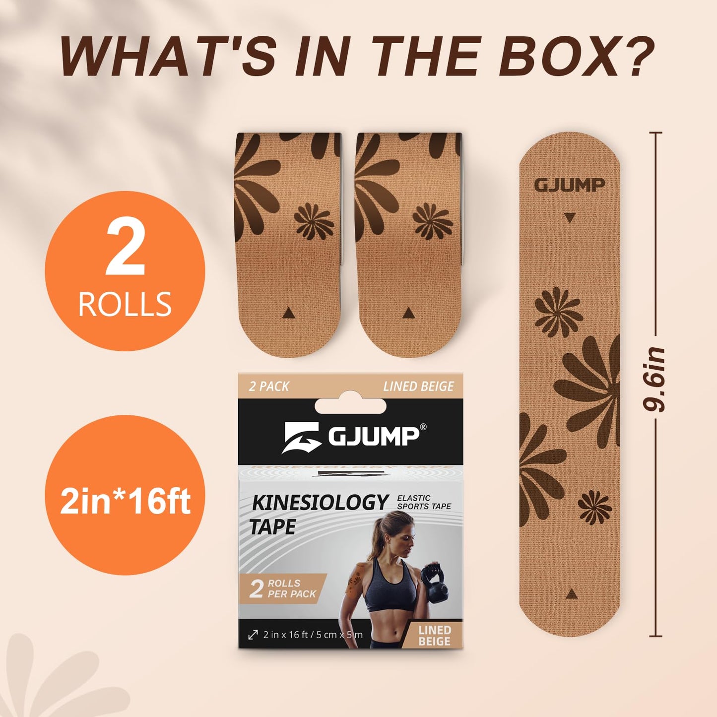 GJUMP Floral Sports Kinesiology Tape – 40 Precut Strips, Athletic Tape for Running, Dance, Yoga & Daily Support, Waterproof Cotton Tape for Muscle Relief & Joint Support (Beige Floral)