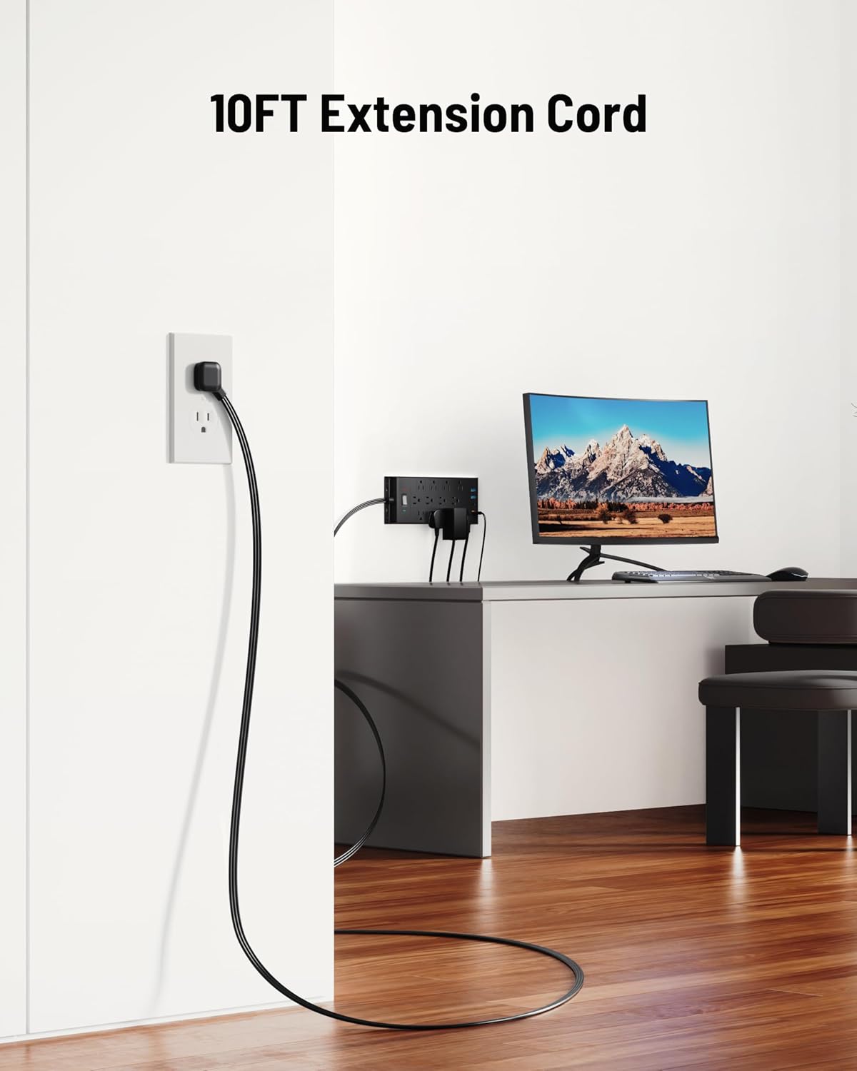 LeZone 4800J, 10Ft 12 2 2 20W Surge Protector Power Strip Long Extension Cord Flat Plug, Outlets USB C USB Ports, Wall