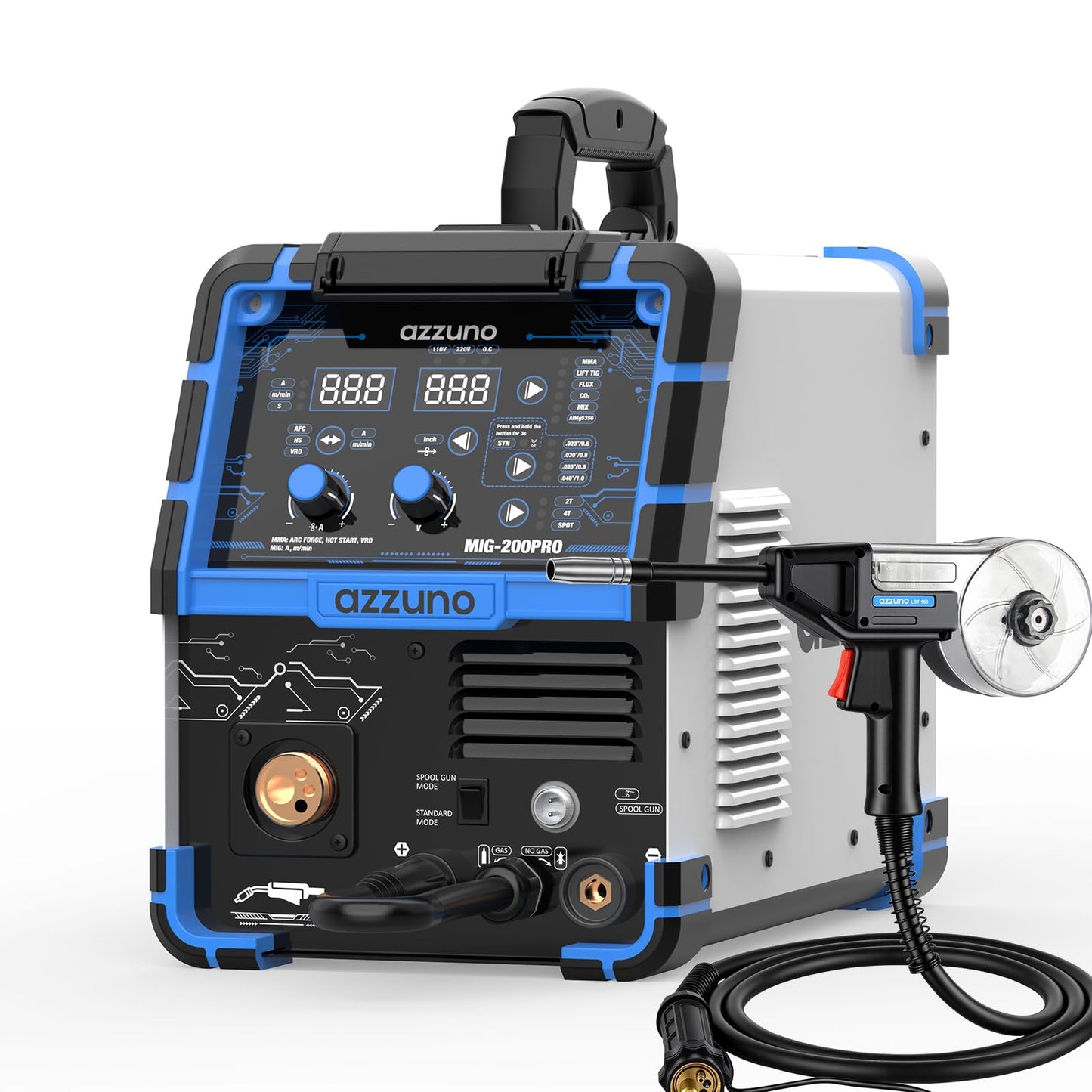 AZZUNO MIG Welder 110V/220V+Spool Gun, 200A 8 in 1 Welder Machine Flux Core MIG/Gas MIG/MAG/Aluminum MIG/Spot MIG/Lift TIG/Stick Welding/Spool Gun Compatible, Multiprocess Welding Machine