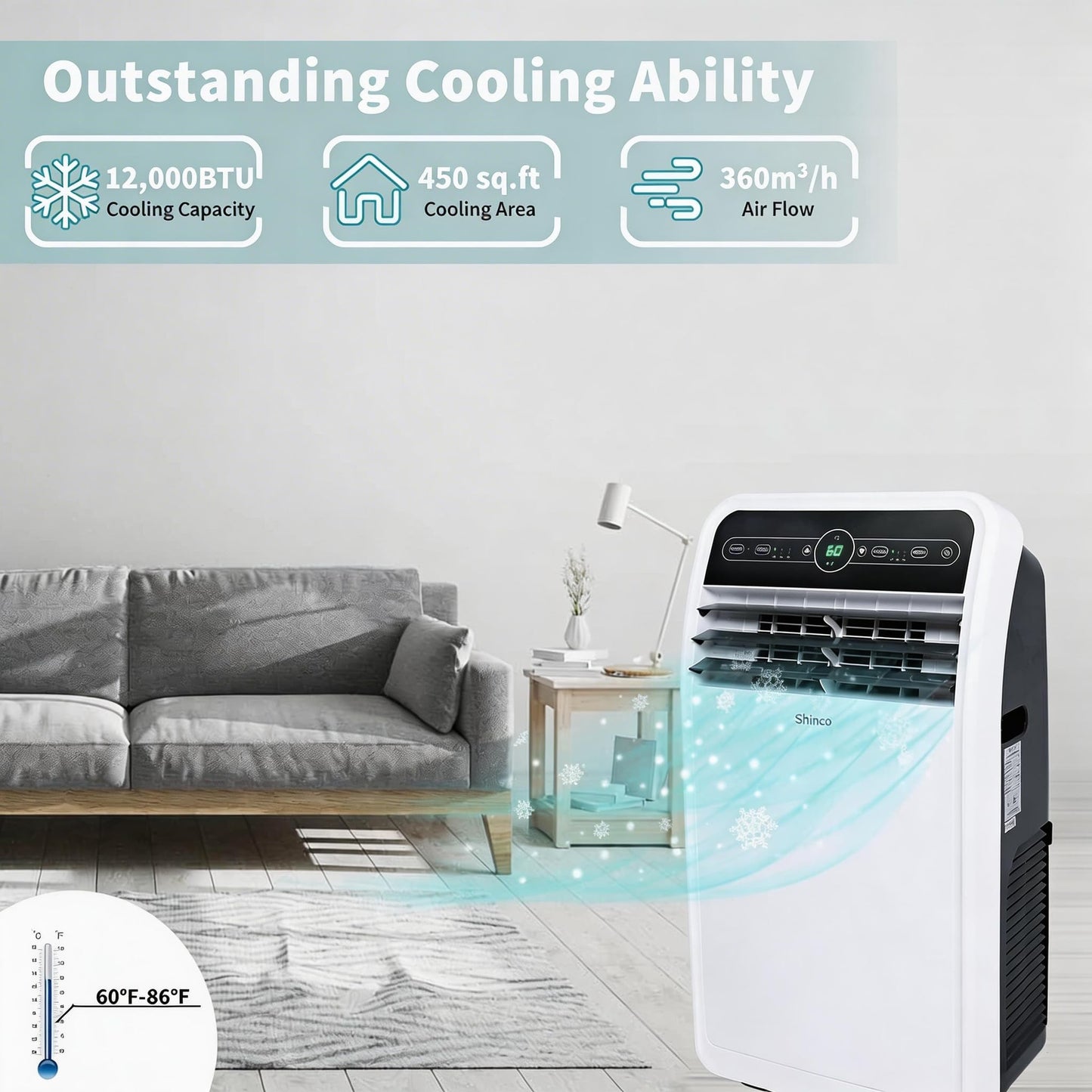 Shinco 12,000 BTU Portable Air Conditioner, Portable AC Unit with Built-in Cool, Dehumidifier&Fan Modes for Room up to 450 sq.ft, with Remote Control, 24 Hour Timer, Installation Kit