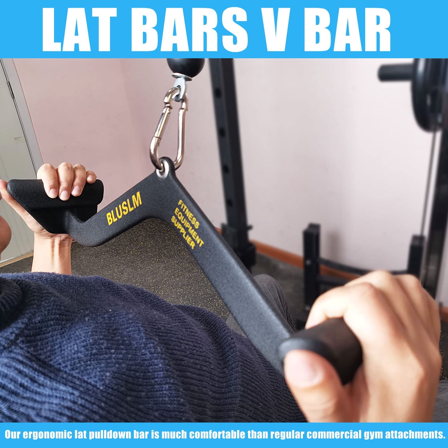 BLUSLM LAT Pull Down Bar for Cable Machine, LAT Pulldown Attachments T-bar V-bar Cable Attachment for Gym, Back Tricep Strength Training Handle