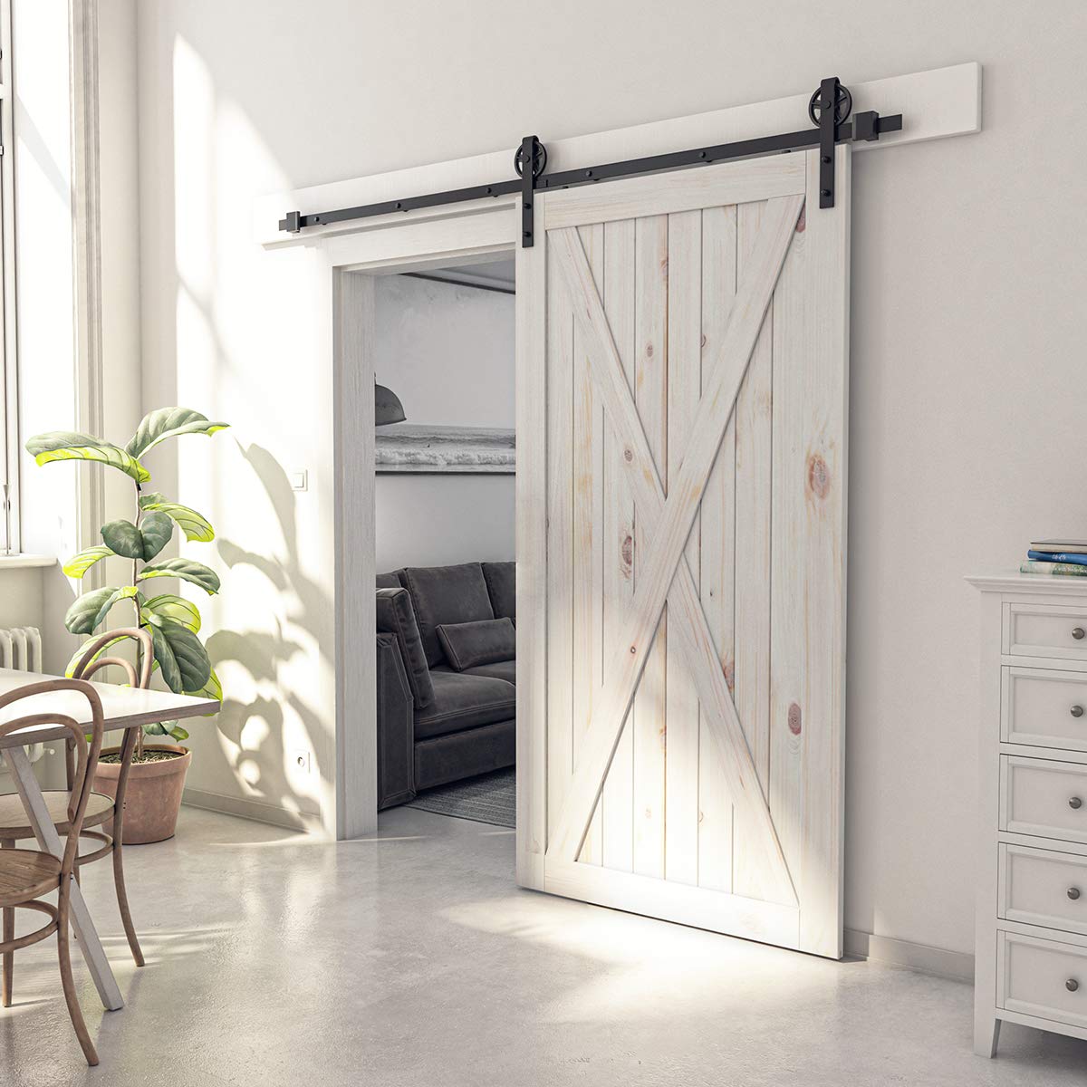 SMARTSTANDARD 8 FT Heavy Duty Sliding Barn Door Hardware Kit, 4FT - 18FT, Black, Smoothly and Quietly, Simple and Easy to Install, Fit 42"- 48" Wide Door Panel (Industrial Bigwheel Hangers)