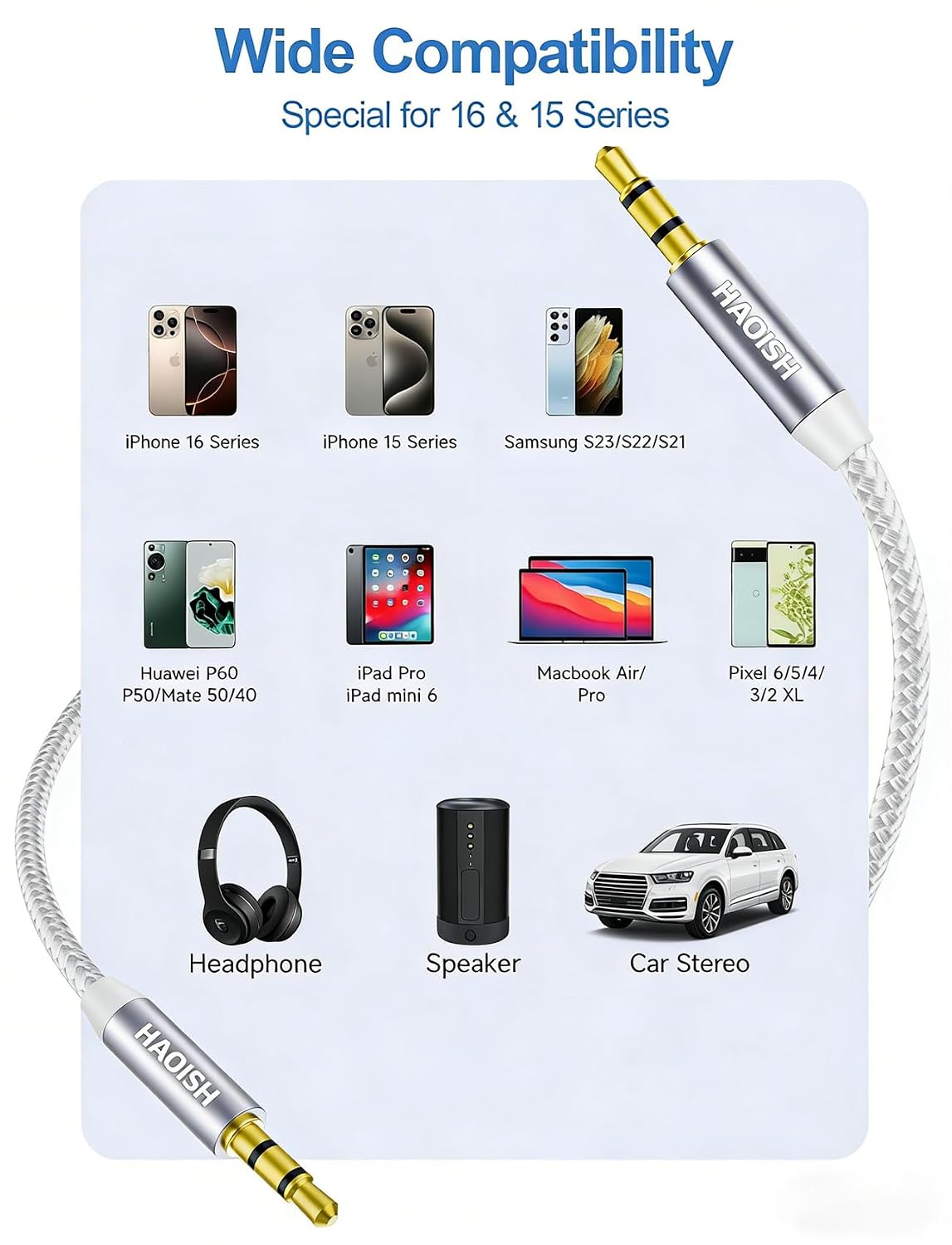 HAOISH 10 3.5 mm Braided-1/8 Aux Cord FT, Audio Cable Nylon Male to Male Auxiliary Stereo Jack Cables for Car/Home