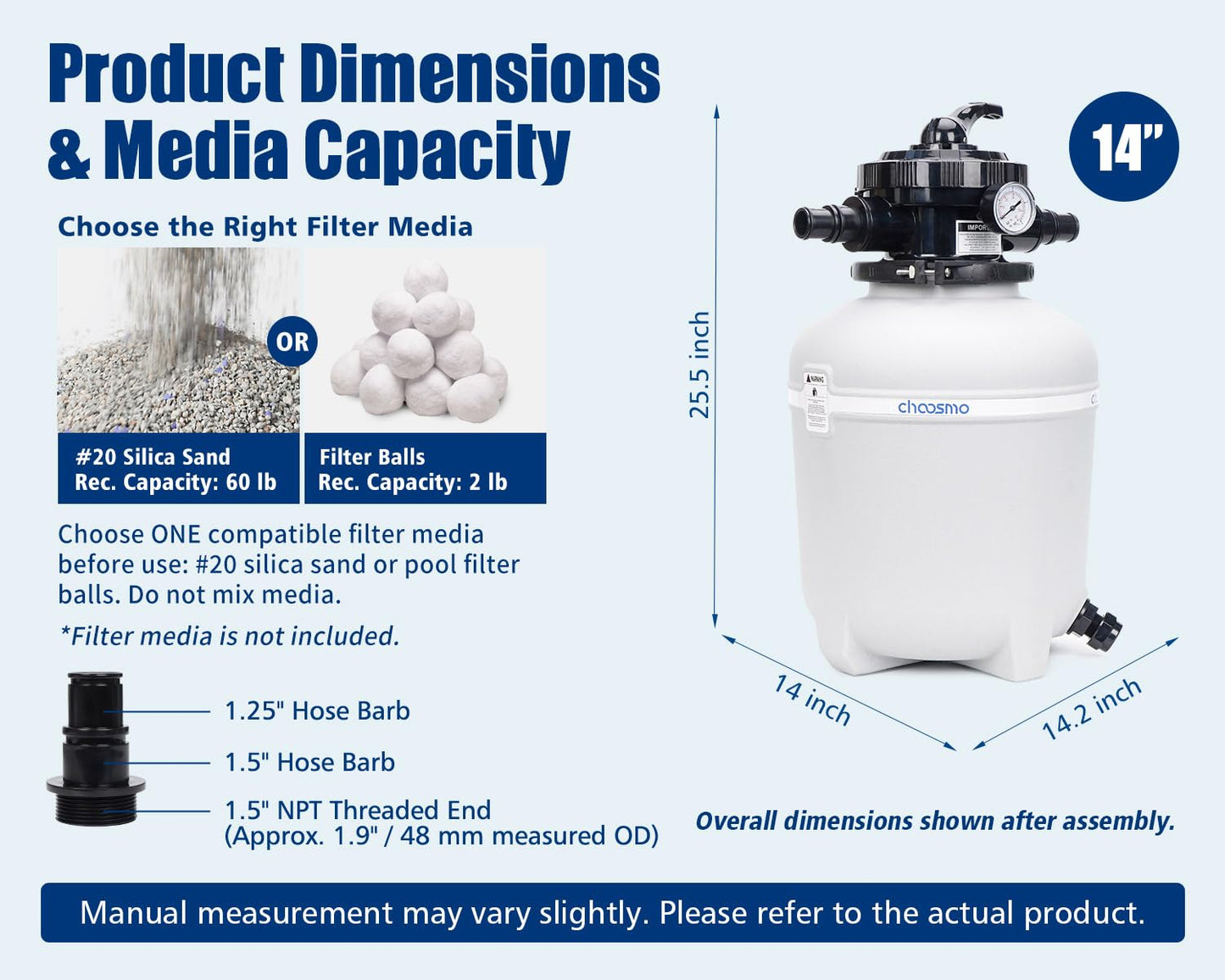 choosmo 14 Inch Pool Sand Filter Tank Replacement Kit with 6-Way Multi-Port Valve and 1.25/1.5 in Hose Adapters for Compatible Above Ground Sand Filter Systems, Pump Not Included