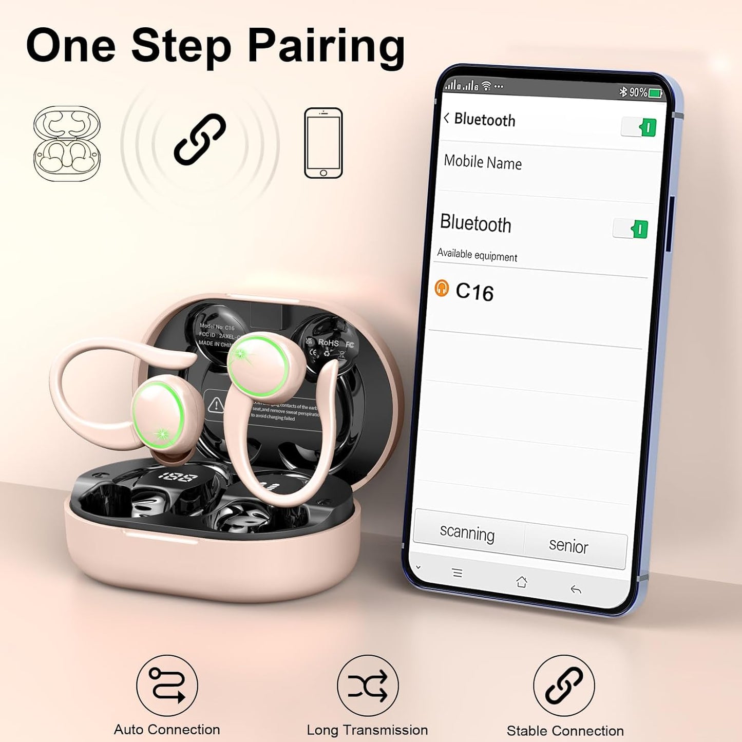 5.4 50H IP7 Headset Wireless Earbuds, Bluetooth Headphones Sports, Playback Over-Ear buds with ENC Noise Cancelling