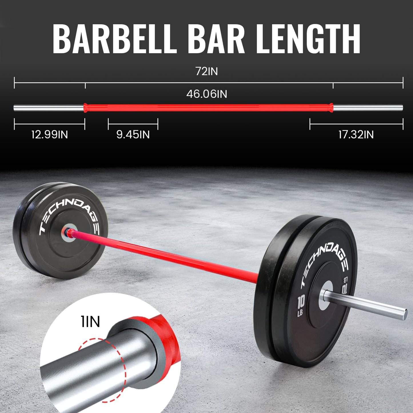 TECHNOAGE 6FT Olympic Barbell for Strength and Weightlifting Training, 1 Inch Olympic Bar Barbell for Squat, Curl, Deadlift, Bench Press, Overhead Press, Hip Thrust, 350LBS Capacity(Red&Silver)