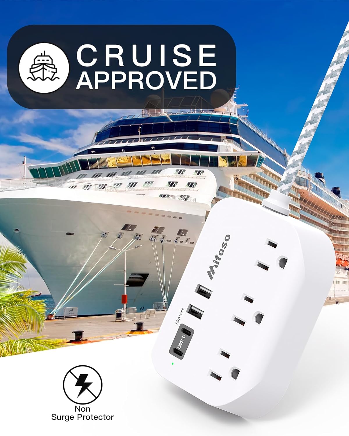 Mifaso 5Ft Cruise Ship Essentials - Power Strip with USB Ports, Flat Extension Cord with Multiple Outlets, USB Charging