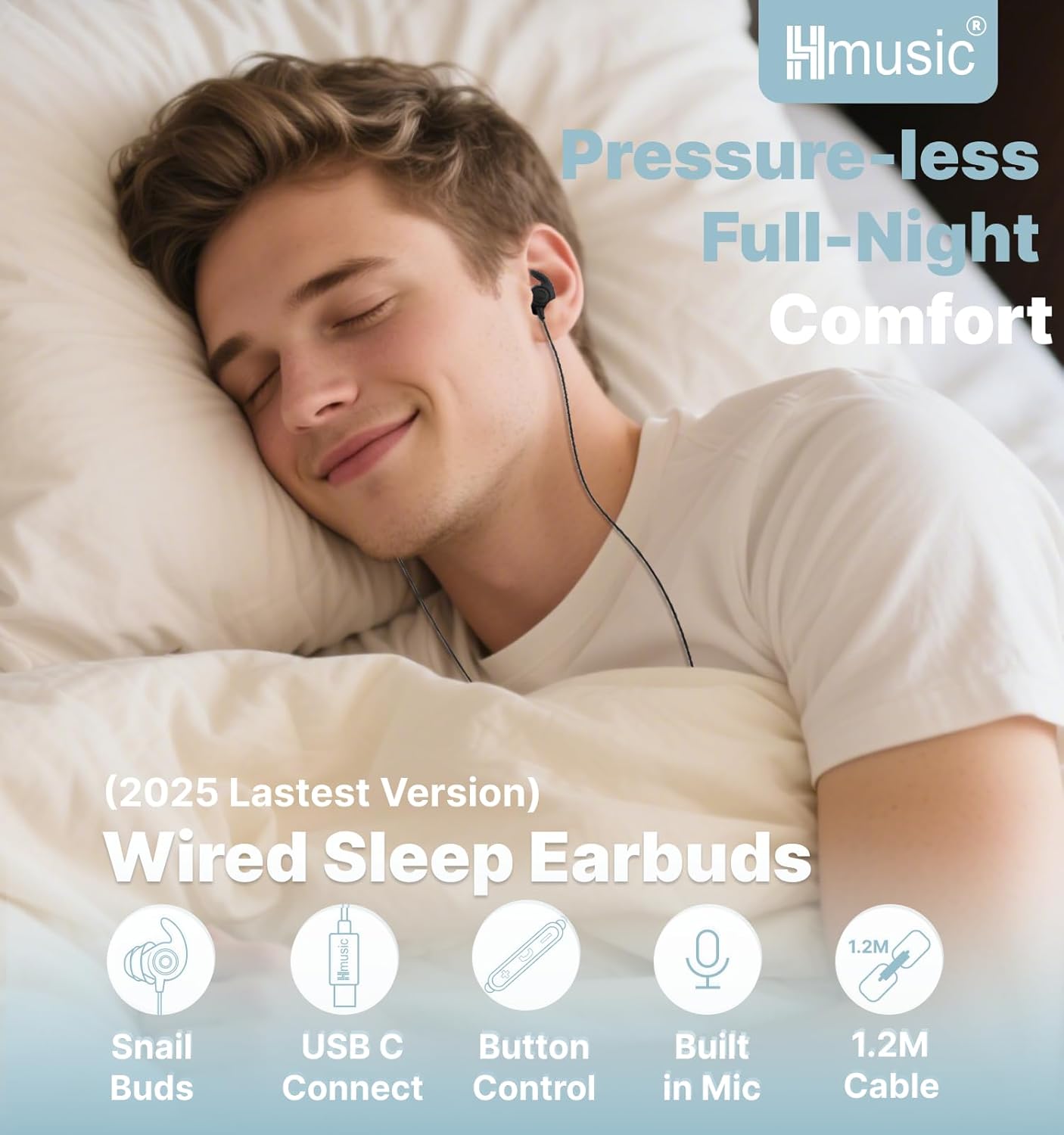 Sleepers,30dB w/Mic,2g Hmusic Sleep Earbuds,USB C Wired Sleep Headphones for Side Noise Isolate Sleep Plugs Lightweight