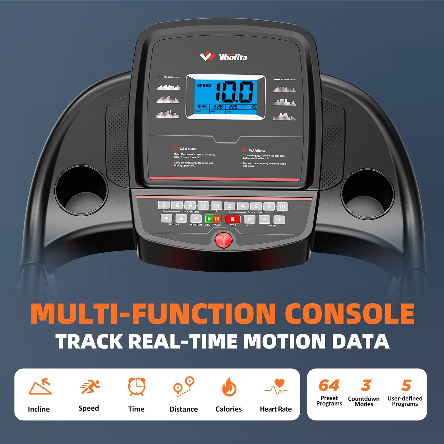 Winfita 4.0 HP Folding Treadmill with 15% Auto Incline (8.5°), 10 MPH Speed, 300 lb Capacity, 50" x 18" Belt, App Connectivity, Pause Function, 64 Preset Programs, BMI Detector for Home Use