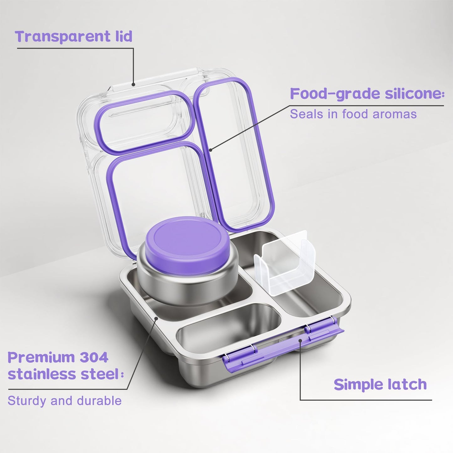 Pawtong Stainless Steel Bento Box Kids Adult with 7oz Insulated Food Jar, Transparent Lid Metal Lunch Box With Soup Thermal Jar, Lunch Box Container with Removable Divider & Sauce Cup School (Purple)