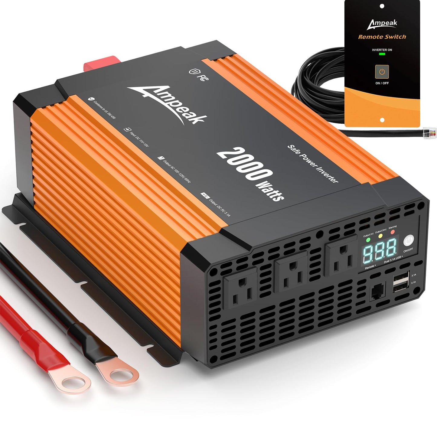 Ampeak 2000W Inverter, Car Power Inverter 12V to 120V, 89.37% High Efficiency Modified Sine Wave Inverter, 3 AC Outlets Dual USB 5V 3.1A, Surge 4000W Remote Controller for Vehicles, Truck, RV, Home