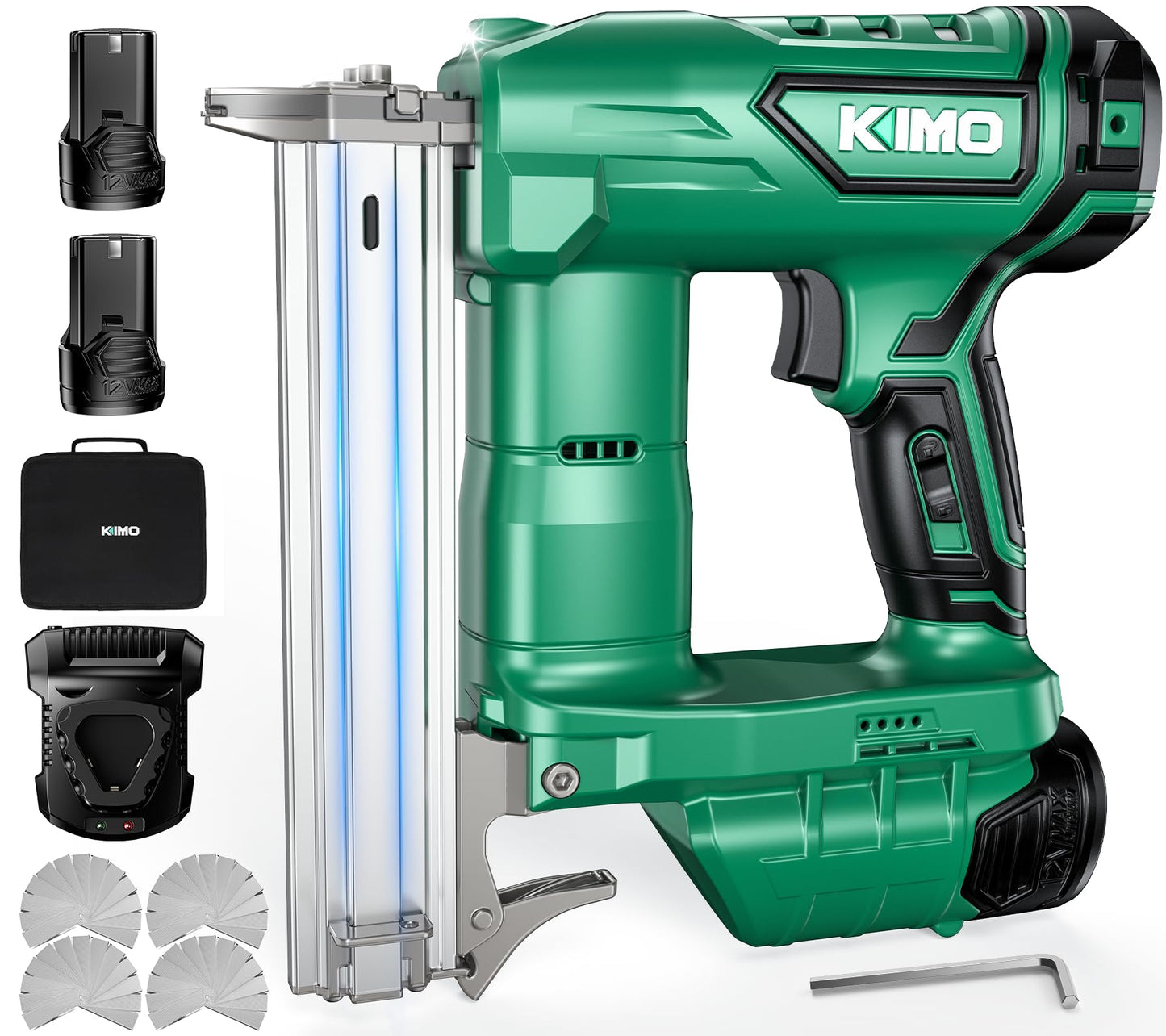 KIMO Brad Nailer Cordless w/ 5000pcs Nails, 2.0Ah Battery X2, 180 Nails/min, Single & Contact Firing, LED Light, Fast Charger,Adjustable Depth 18 GA Cordless Nail Gun for DIY Woodworking Framing