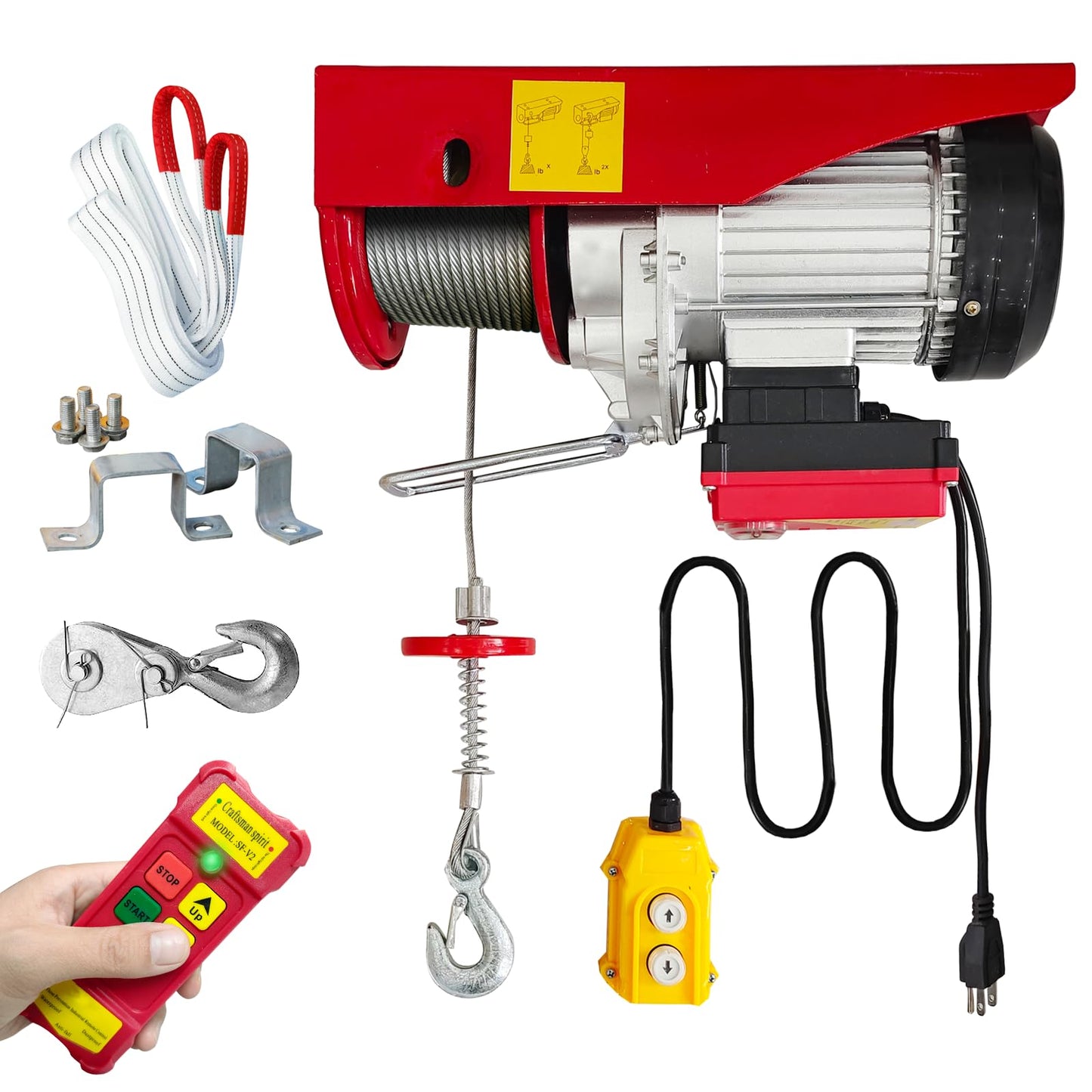 Electric Hoist 2 in 1,880lbs Electric Hoist Winch with 98ft Wireless Control&Wired Remote Control,110v Electric Hoist 59ft/29.5ft Lifting Height for Garage Warehouse Factory,Single/Double Slings