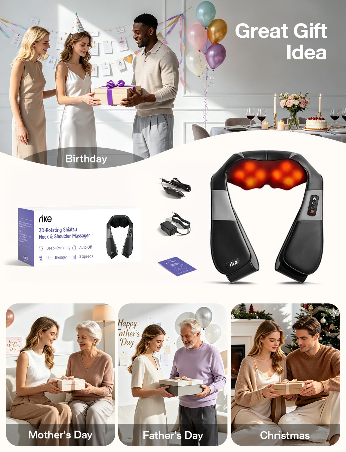 RIKE Neck Massager for Pain Relief Deep Tissue, Shiatsu Shoulder Massager with Heat, Corded Electric Back Massager with 3 Speeds, Fathers Day Gift Idea for Men Women Office, Car and Home Gym Use