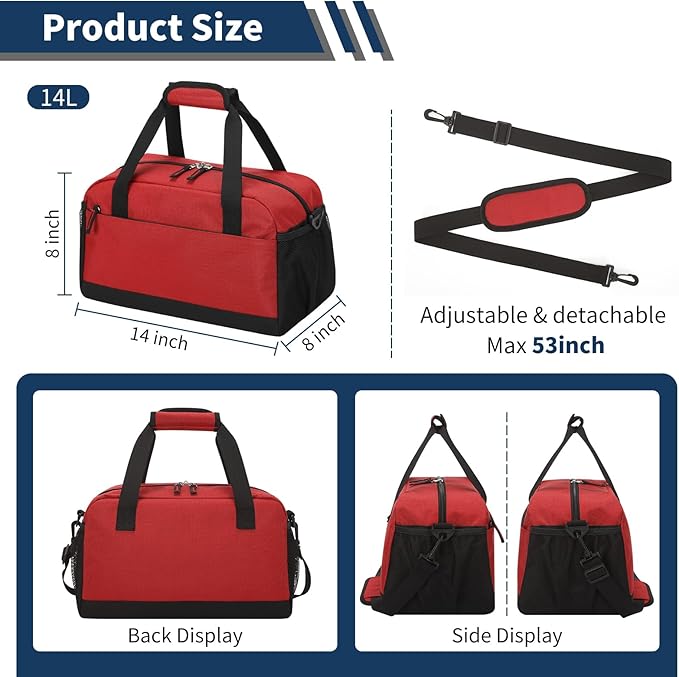 Small Gym Bag with Wet Pocket - 14 inch Mini Duffle Bag for Men & Women Lightweight Carry On Bag for Travel Sport - Red