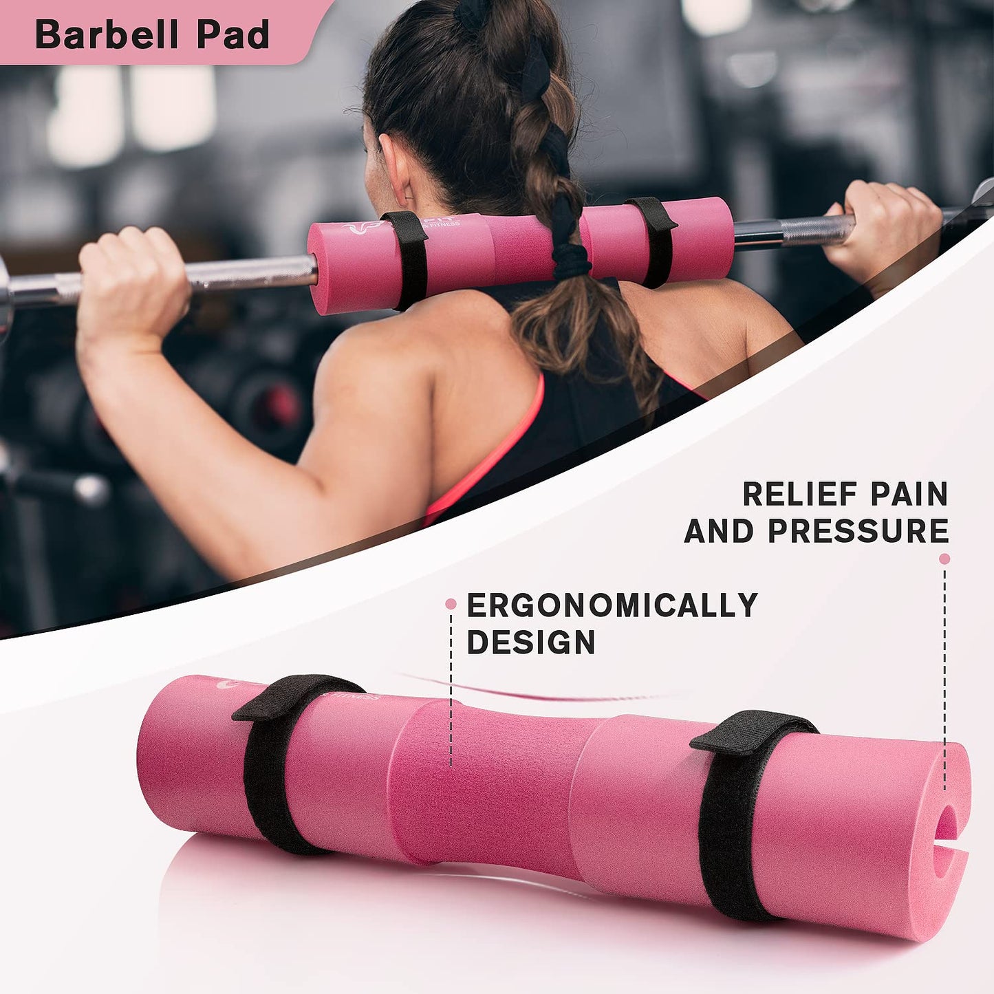 RitFit 7 Pcs Barbell Squat Pad Set, with Resistance Band, 2 Safety Straps, 2 Gym Ankle Straps & Carry Bag, Upgraded Neck & Shoulder Protective Pad Support for Squats, Lunges & Hip Thrust (Pink/Black)