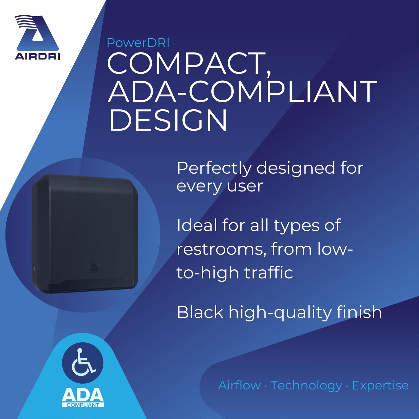 Airdri PowerDRI Automatic Hand Dryer - .8kW Low Energy Motor - 10-Second Dry Time - H13 HEPA Filter - 75dBA Noise Output - ADA Compliant - Ideal for High-Traffic Businesses and Venues - Black