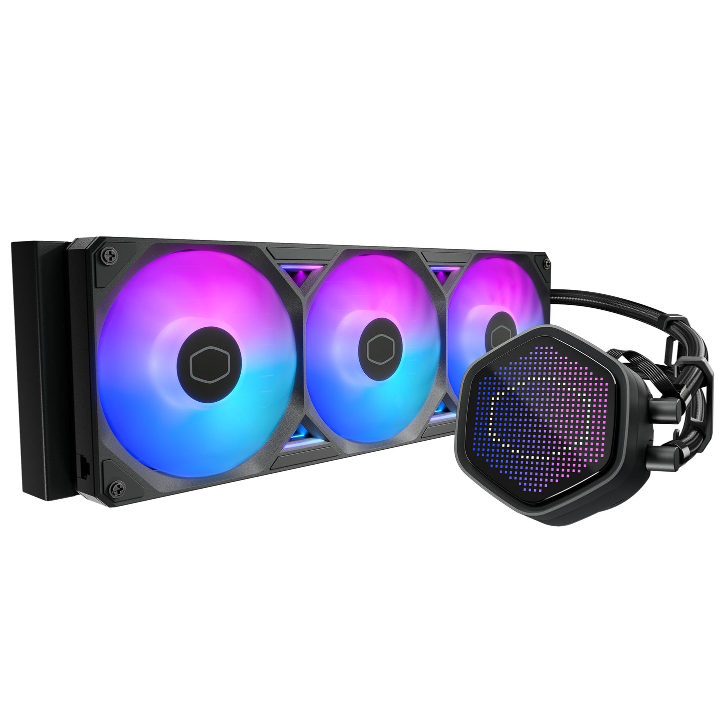Cooler Master Atmos II 360 Pixel LED AIO CPU Liquid Cooler – 360mm Radiator, 3X ARGB PWM Fans, Custom Pixel Display, Dual-Chamber Pump, Low Noise, AMD AM5/AM4 & Intel LGA 1851/1700, Black