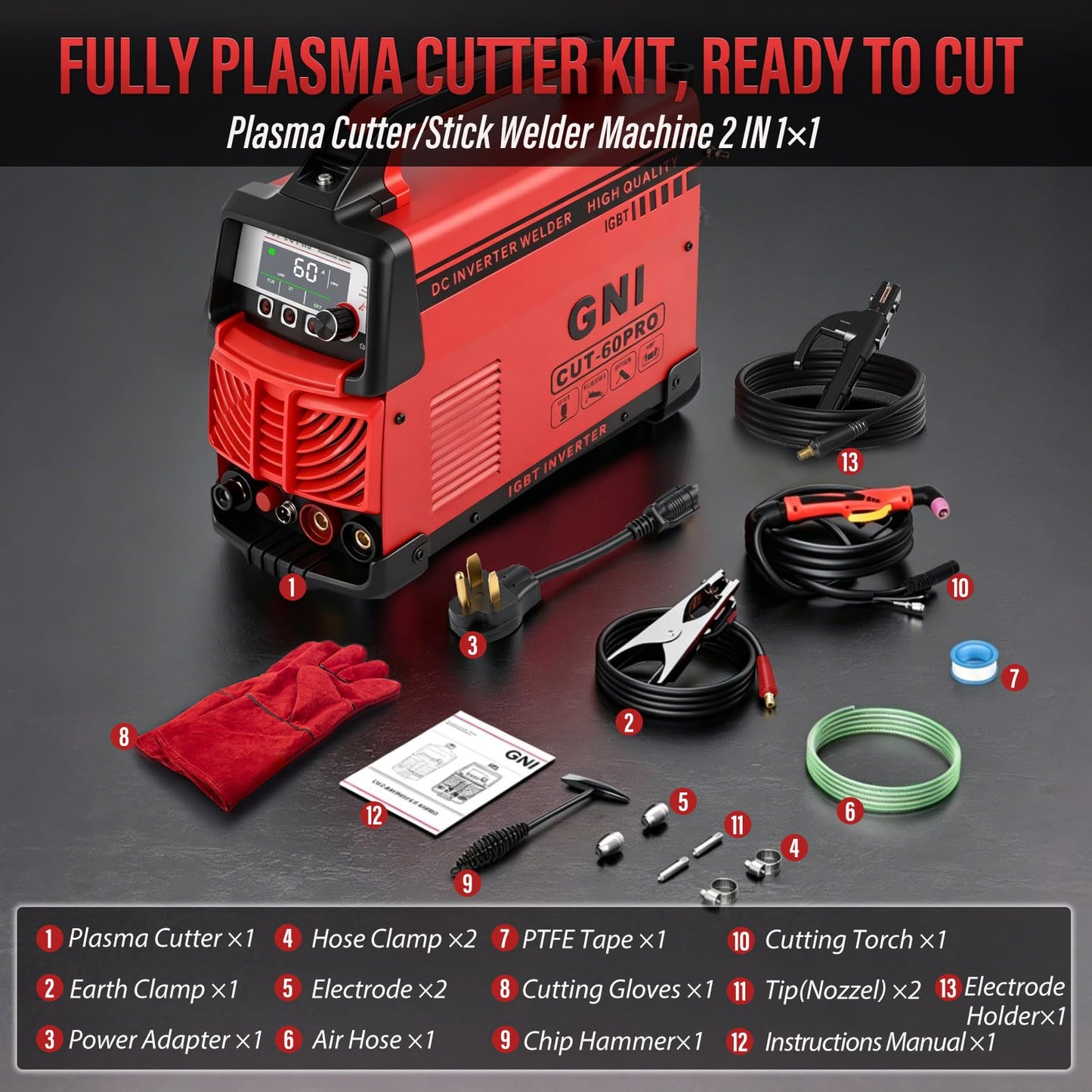 GNI 60Amp Portable Plasma Cutter/Stick Welder 2 IN 1, Non-Touch Pilot Arc 120V/240V Plasma Cutter Machine, 4/5’’ Max Cut, Pre-Installed Air Regulator, 2T/4T, IGBT for Beginner DIY & Home Workshop