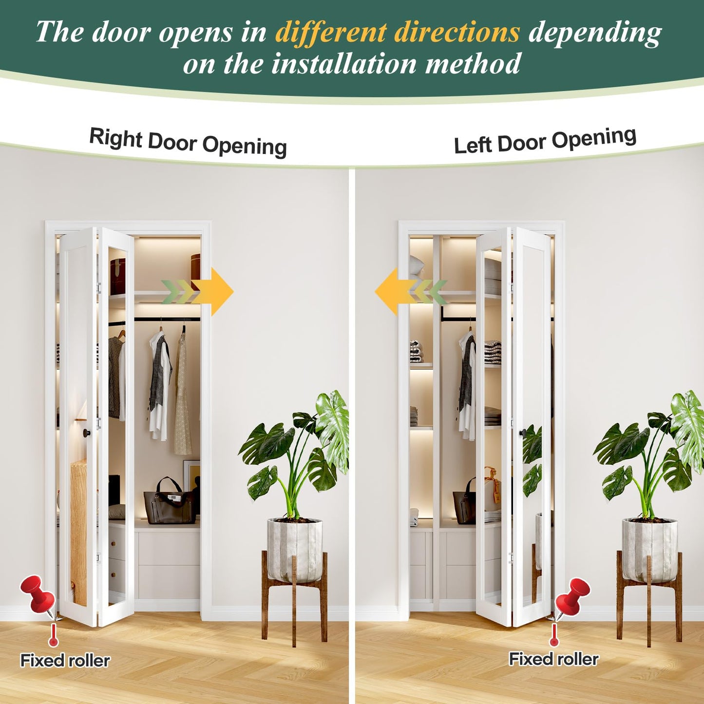 FREDBECK Bifold Door for 30x80 Opening (Double 15x80) with 1 Lites Mirror ,Interior Bi fold Barn Doors and Concealed Hardware Kit Included, PVC Surface, White,for Closet,Pantry,Kicthen