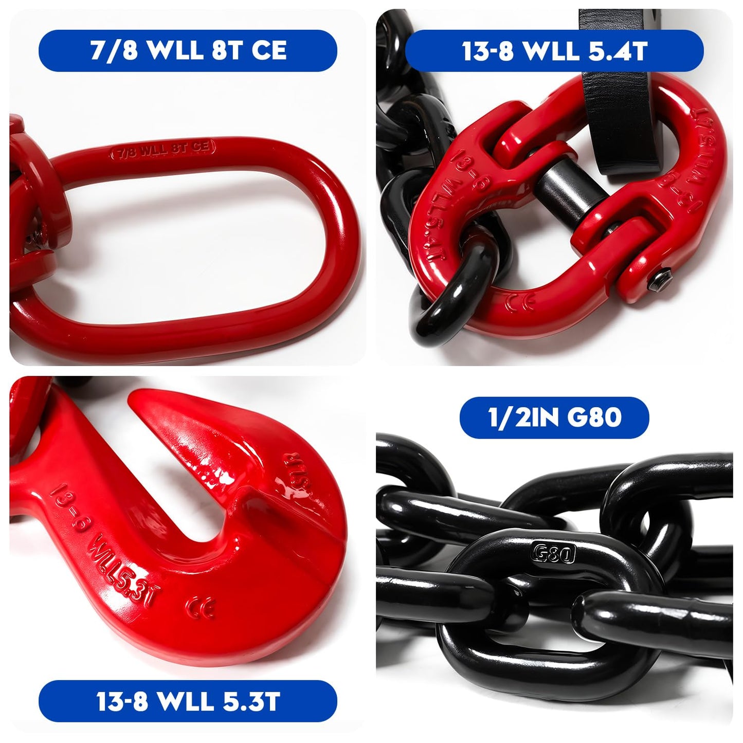Shipping Container Loading Chain (1/2" x 5'), Container Chain Bridle Hooks G80 with V-Chain, Suitable for Cargo, Warehousing and Handling
