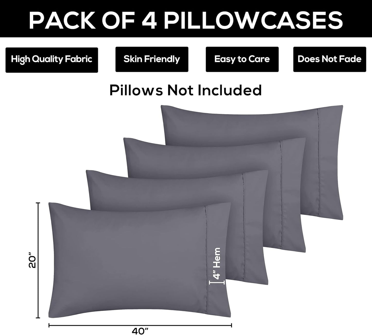 Utopia Bedding King Pillow Cases - 4 Pack - Soft Brushed Microfiber - Fade Resistant 20 X 40 Inches | Grey