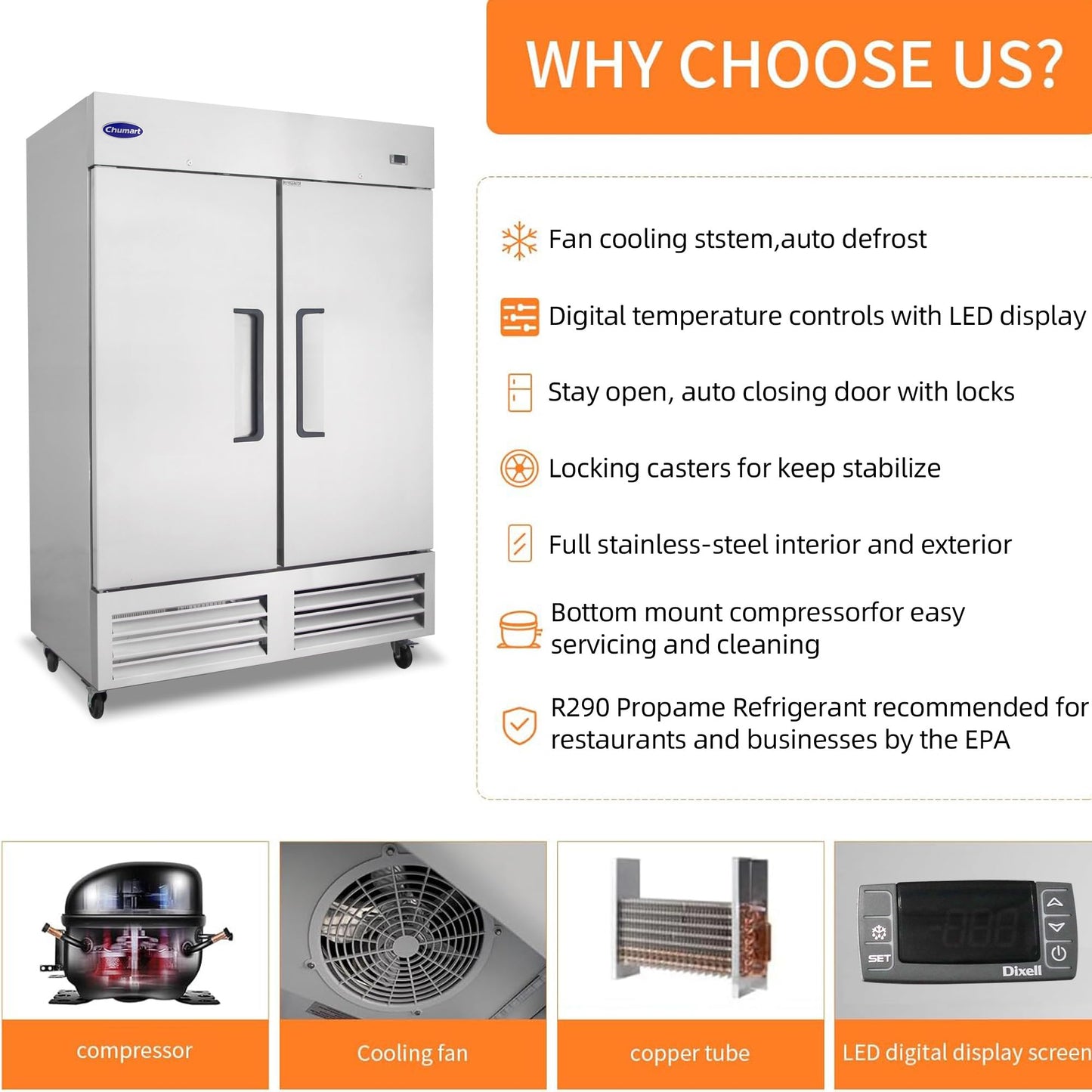CHUMART 54" W Commercial Refrigerator with 2 door Stainless Steel 49 Cu. Ft Reach-in Refrigerator 6 Adjustable shelves Fan Cooling Fridge for Restaurant, Commercial Kitchen, Shop, ETL Certification