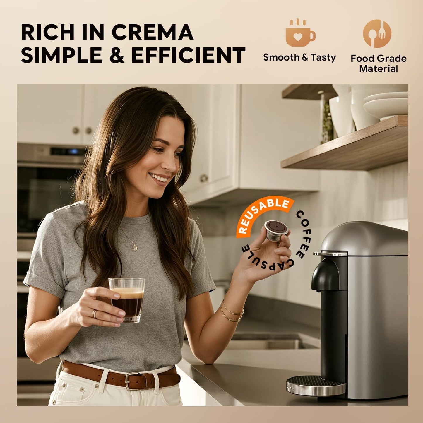 Skiennix Stainless Steel Reusable Coffee Pods - Compatible with Nespresso Vertuo | 4 Barcode Stickers & Silicone Lid (230ML)