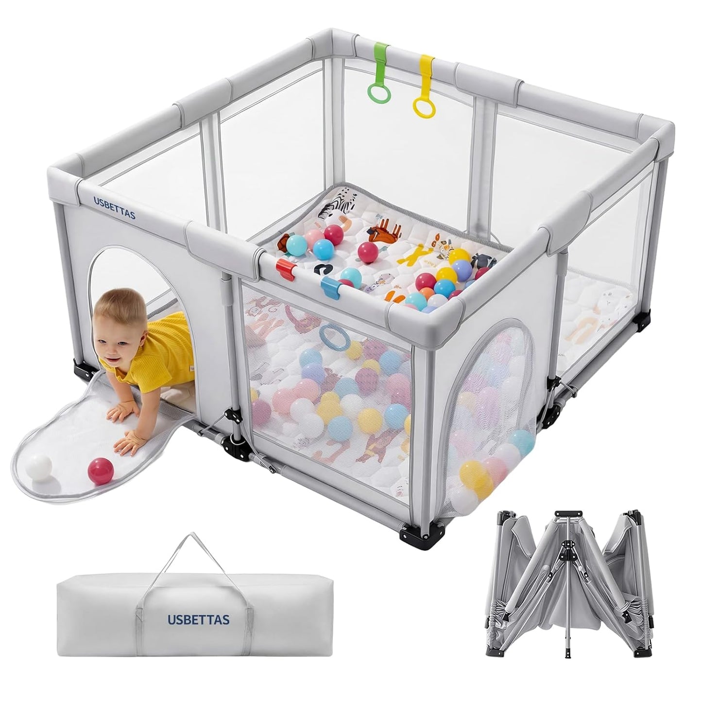 Skiennix Foldable Baby Playpen - Lightweight Portable Design with 1-Minute Setup | 50"x50" Light Gray Indoor/Outdoor Safety Yard