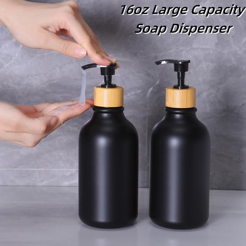 FNGJMJG Matte Black Bathroom Accessories Set 7 Pcs,Bamboo Bathroom Accessories Sets,Black Soap Dispenser and Toothbrush Holder Set,Qtip Holder,Vanity Tray,Soap Dish,Modern Bathroom Decor