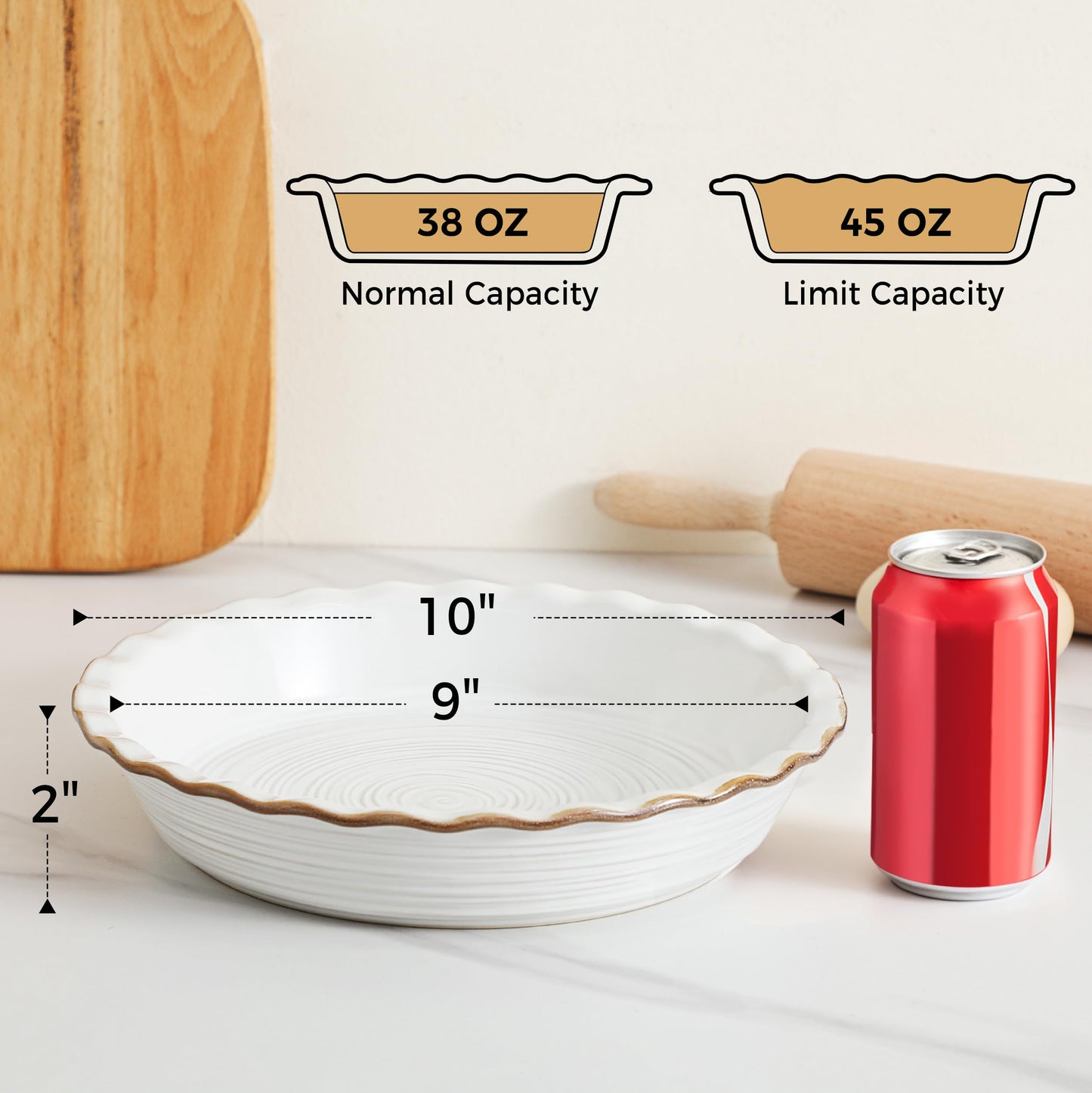 Frewinky Ceramic Pie Pan for Baking, 9 inch Pie Dish with Ruffled Edge, Nonstick Deep Pie Plate, Farmhouse Decor Quiche Tart Baking Dish for Thanksgiving, Microwave & Oven Safe, Set of 1
