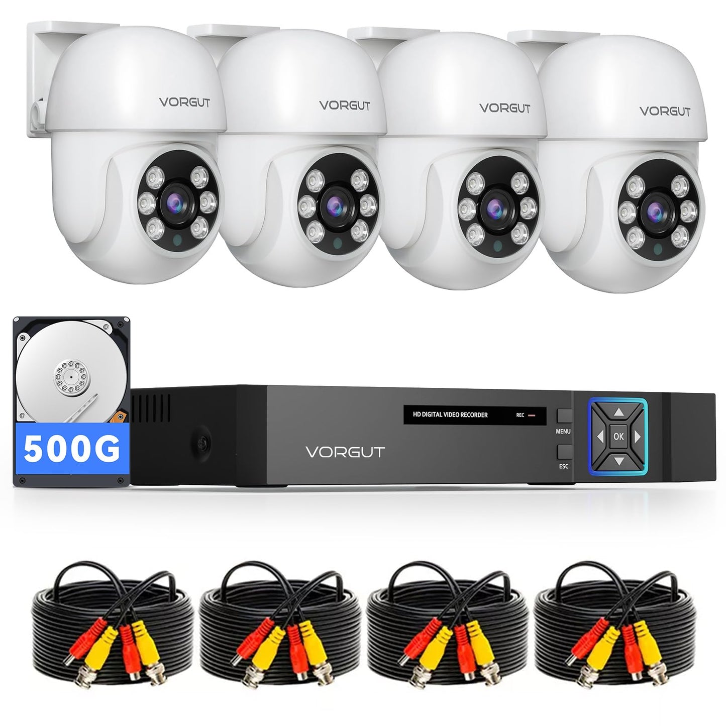 VORGUT Wired Security Camera System Outdoor, 4pcs Pan/Tilt CCTV Cameras and 4CH 5MP Lite AHD TVI DVR (500GB HDD), 360° View Surveillance DVR Kit, Motion Detection, 24/7 Recording, Remote Access