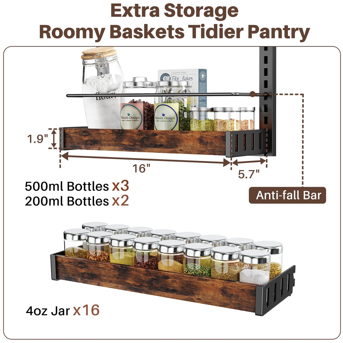 8 Tier Over The Door Pantry Organizer, 2 IN 1 Wall Mount or Metal Hanging Spice Rack for Pantry Organizers and Storage, Seasoning Shelves，Adjustable Basket with Hooks for Kitchen Cabinet and Closet