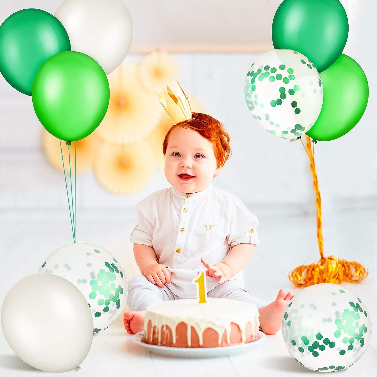 Sumind 48 Pcs Green Balloons - 12 Inch White & Green Confetti Latex for Jungle Safari Party Decor