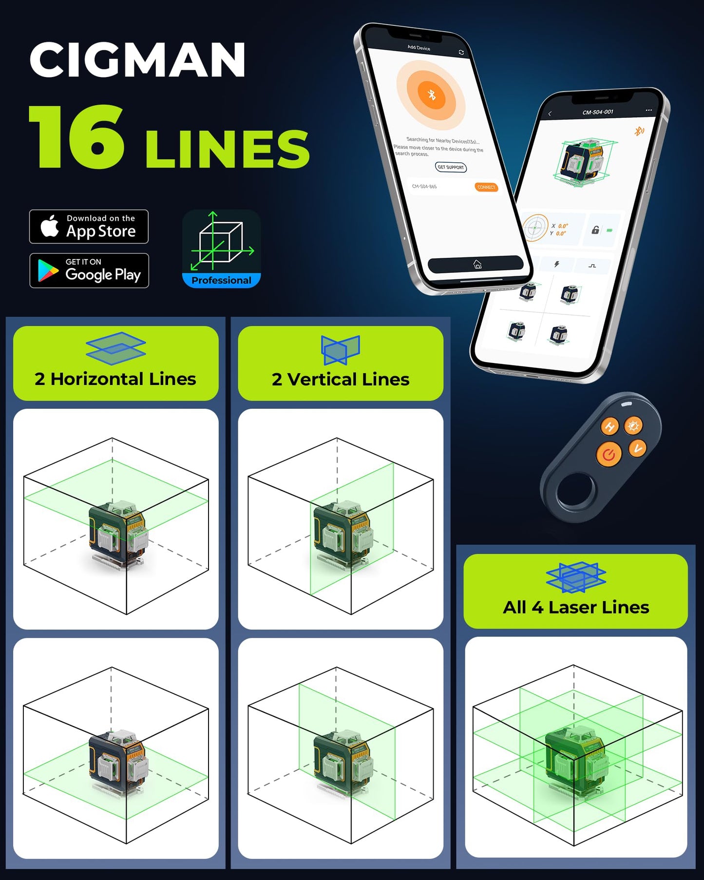 CIGMAN 16 Lines Green Laser Level 4×360° Self Leveling, Side LCD, Bluetooth App Remote, Pulse Mode for Receiver, 2×Li-ion (USB-C), Liftable Stand, 1/4" Mount, IP54, ABS Hard Case – S04