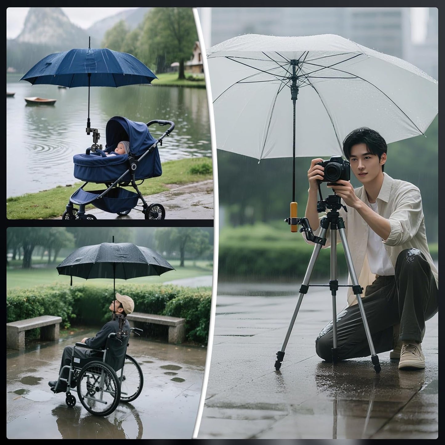 BRDRC Double Clamp Mount Umbrella Holder Camera Pole Bracket for Stroller Wheelchair Monitor Magic Socket Arm Desk
