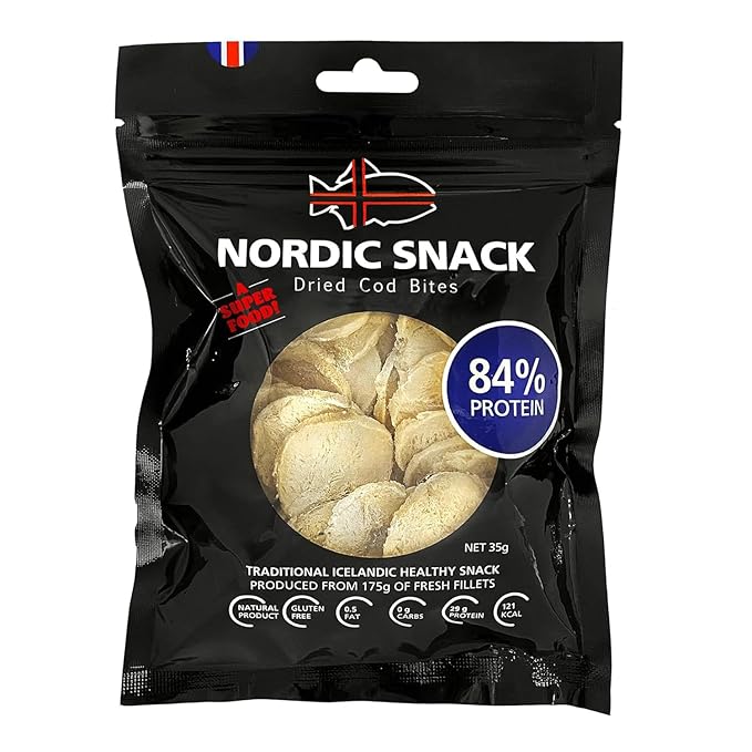 Nordic Catch Freeze Dried Cod Bites Seafood Snacks - Chips made from Wild Caught Icelandic Cod Fish - Healthy Dry Fish Snack, Rich in Omega 3 Fatty Acids, Protein Packed Keto Friendly Dried Fish Jerky - 35g Resealable Bag - 1pk