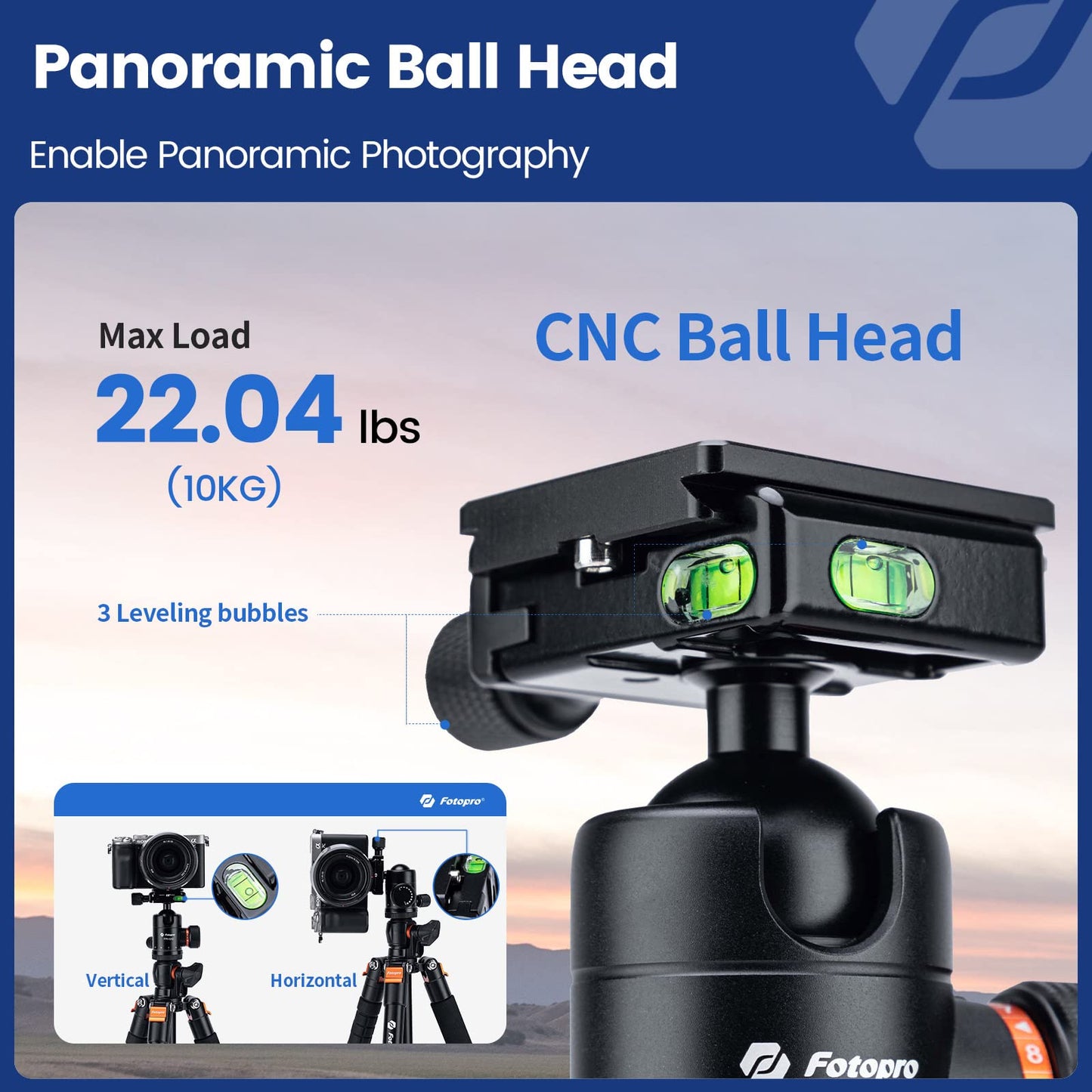 Fotopro Horizontal Camera Tripod 75 Inch Aluminum 360 Degree Ball Head Quick Release Plate DSLR Tripod for Travel Camera Video Camcorder