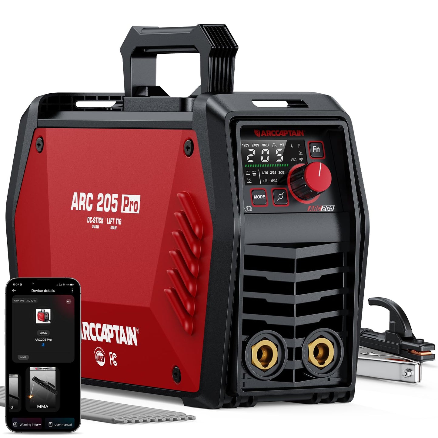 ARCCAPTAIN iControl ARC205 Pro Stick Welder, [APP Control] 205Amp ARC/Lift TIG Welding Machine, Large LED Display, IGBT Inverter 120V/240V MMA Welder with Hot Start, Arc force, and Anti-Stick