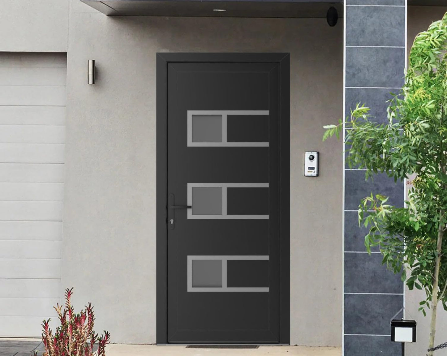 VDOMDOORS Front Exterior Prehung Metal-Plastic Door Frosted Glass | Manux 8933 Matte Black | Residential Doors Entrance Patio Garage W30 x H80 Right-Inswing