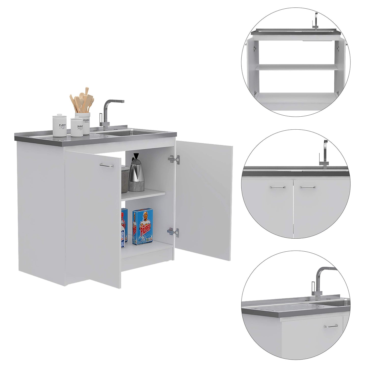 DEPOT E-SHOP Salento Utility Freestanding Sink with Cabinet 35.4" H x 39.3" W - Double Door, Two Shelves, Metal Handles, Aluminum Countertop, White, with Integrated Steel Sink