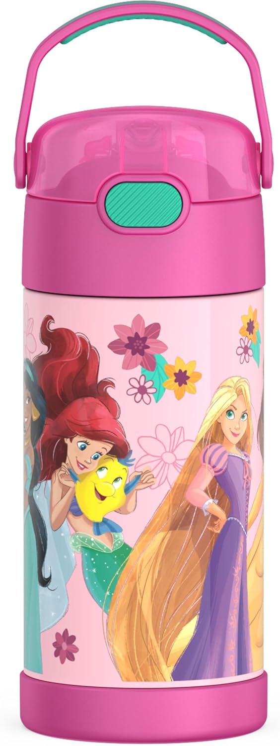 THERMOS FUNTAINER Water Bottle - 12 Ounce Stainless Steel Insulated Bottle with Straw | Princess Design