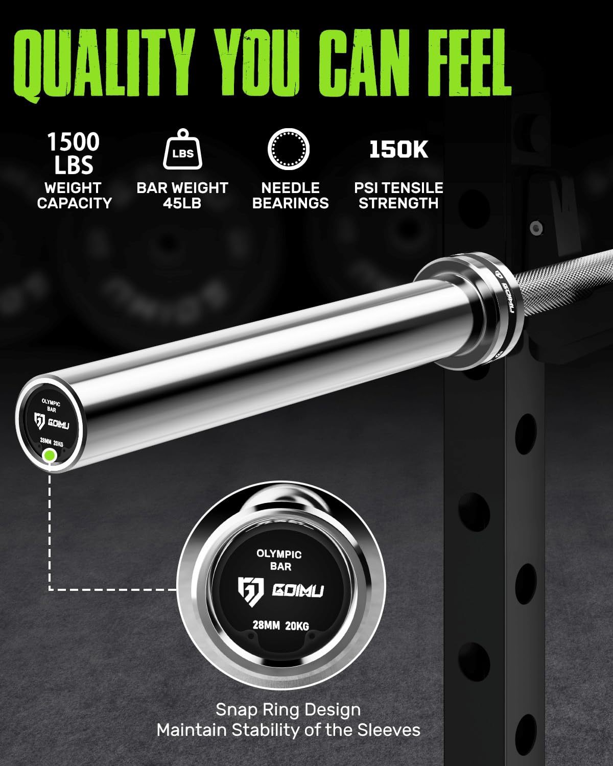 Goimu PB01 7FT Olympic Barbell, Weight Bar with Knurled Grip, 1500LB Capacity Strength Training Deadlift Bar for Squat, Weightlifting, Bench Press, Fits 2-inch Standard Weight Plates, Silver