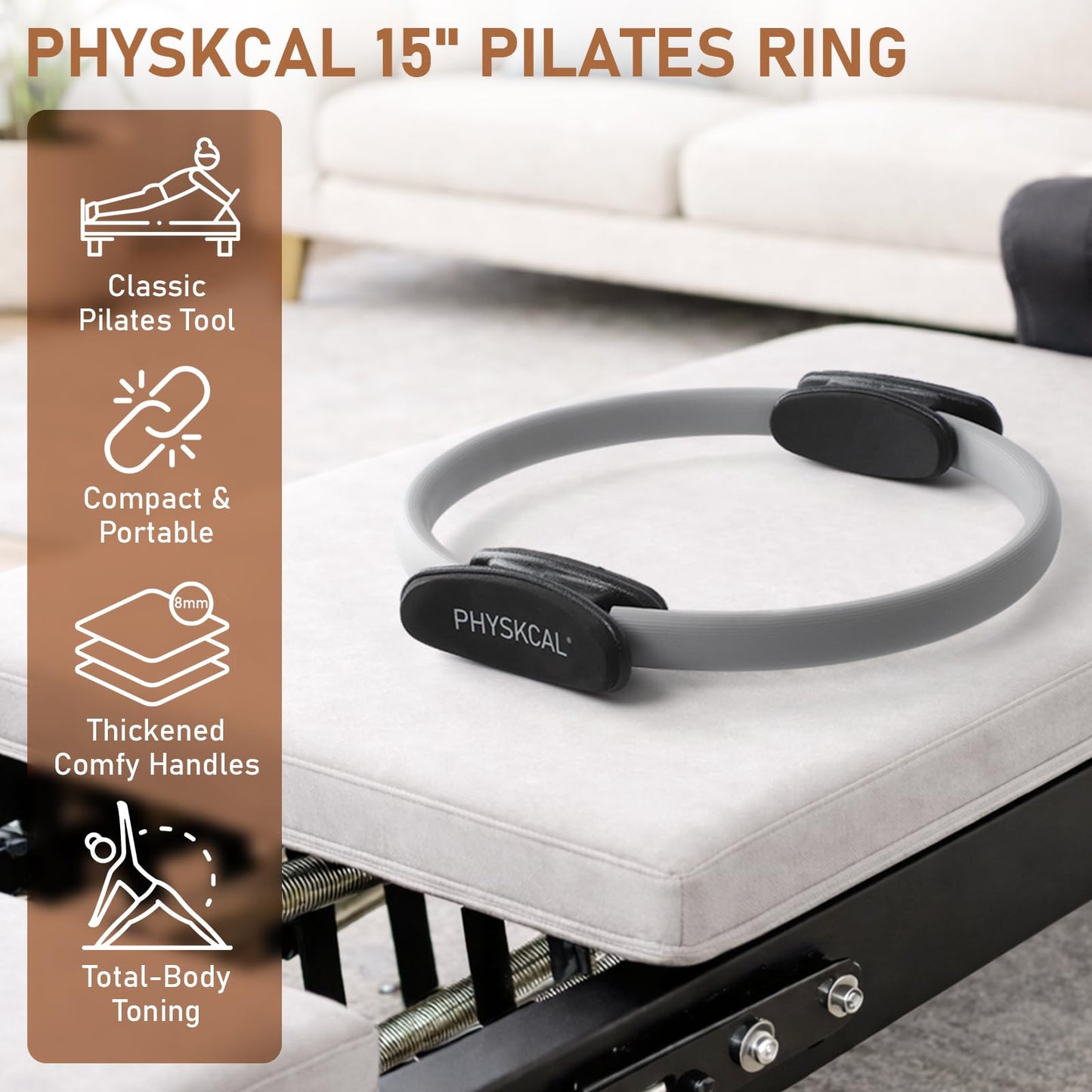 PhysKcal Pilates Ring, 15-Inch Magic Circle with Extra Thick Padded Handles, Pilates Equipment for Toning Inner Thighs, Arms and Strengthening Cores- Workout Guide Included (Mist)