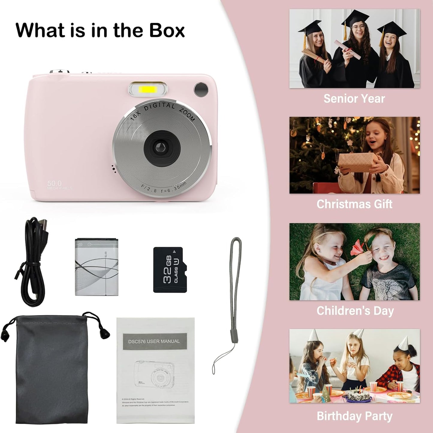 YingCheng 50MP 1080P, 16X 32GB Digital Camera for FHD Digital Point and Shoot Camera with Zoom Anti Shake